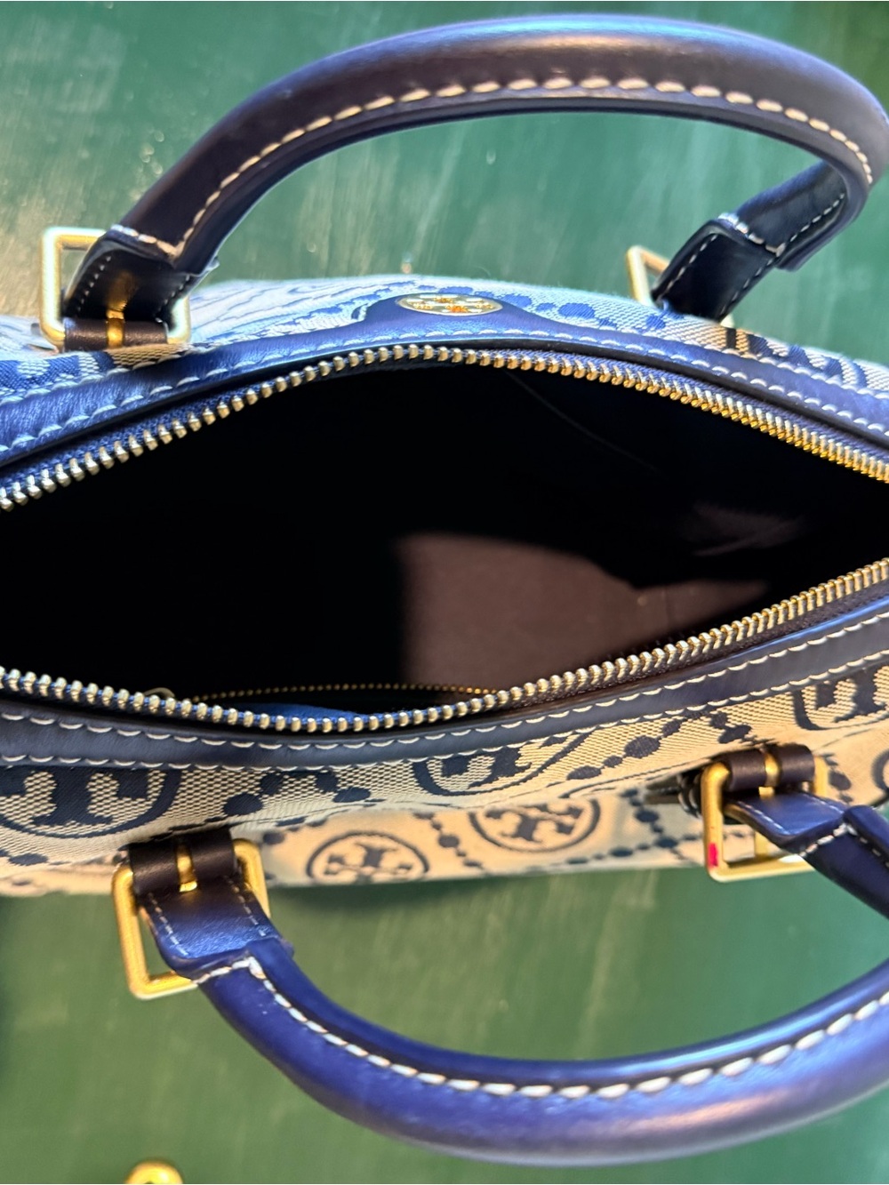 Authentic Tory Burch T Logo Navy and Cream Canvas Satchel with strap. Medium - Picture 7 of 14